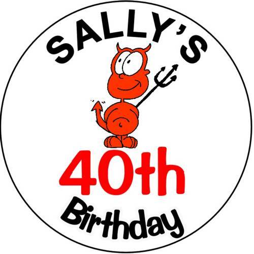 40th birthday badge with a cute devil graphic and a large red 40th